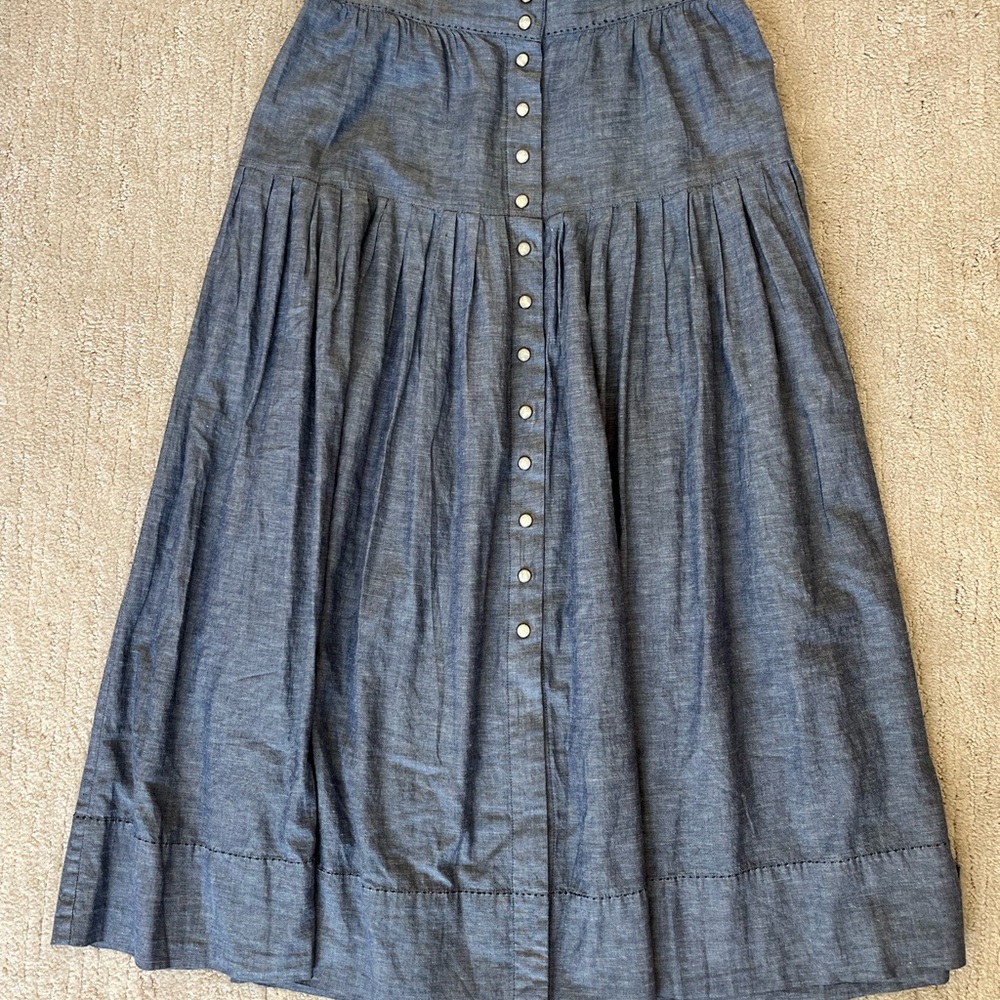 THE GREAT. Chambray Blue Midi Skirt